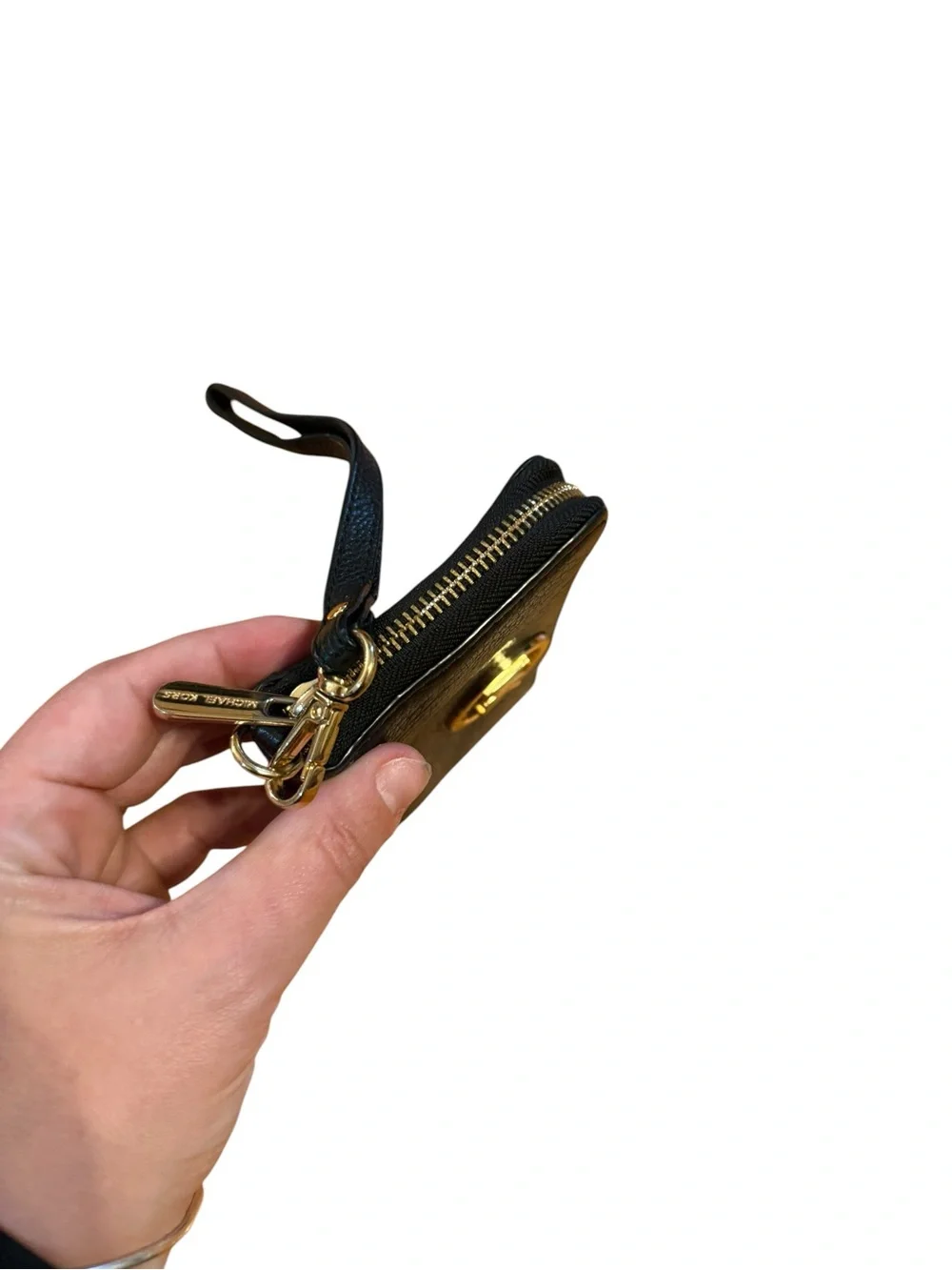 Michael Kors Black Leather Zip Wristlet with Gold MK Emblem